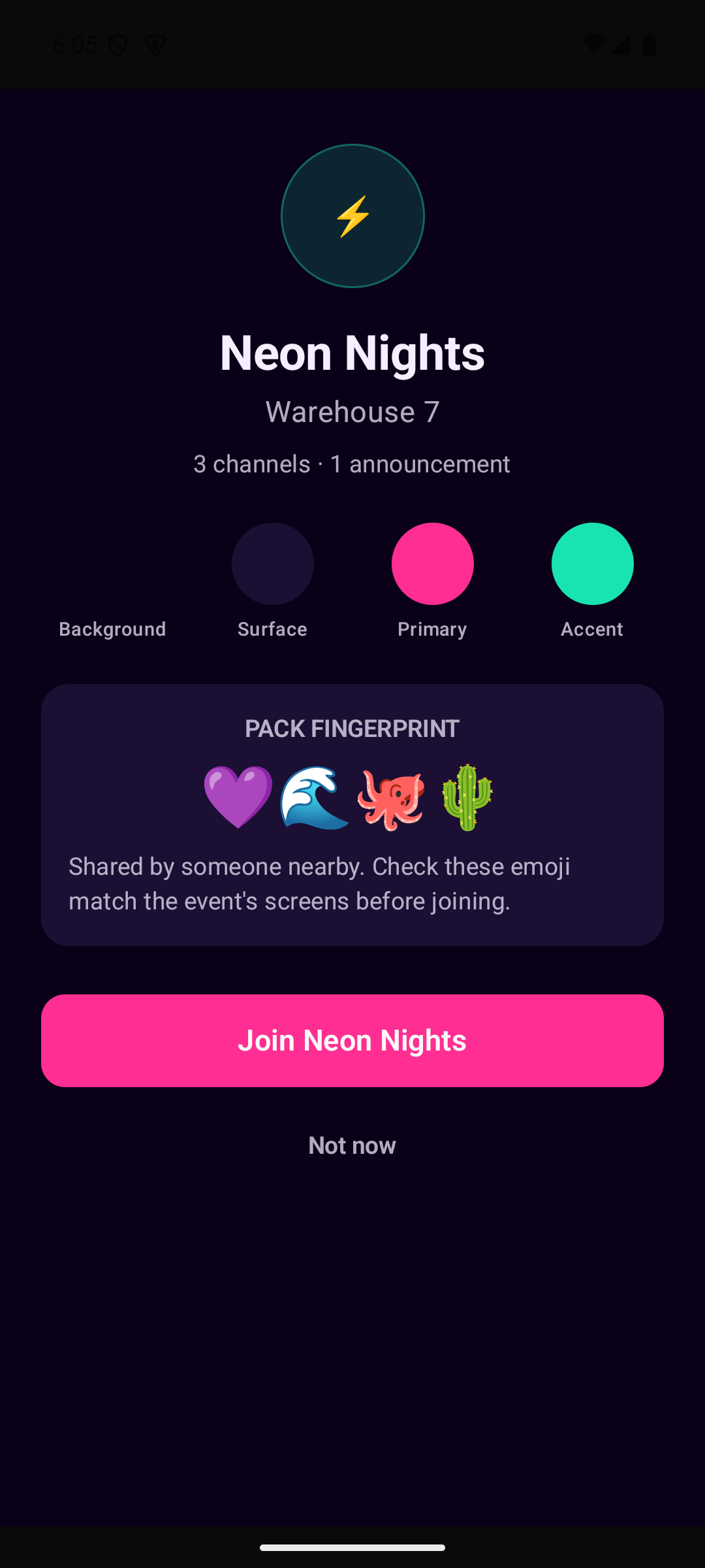 Join preview showing event branding and a four-emoji fingerprint